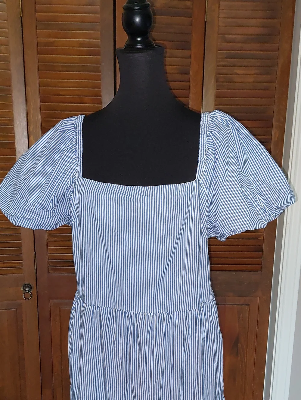 J.Crew Blue White Striped Tiered Puff Sleeve Midi Dress Sz 18